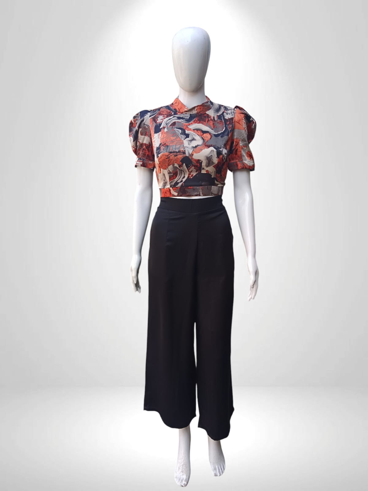 Renaissance Puff Sleeve Crop Top with Flowy Black Palazzo Pants