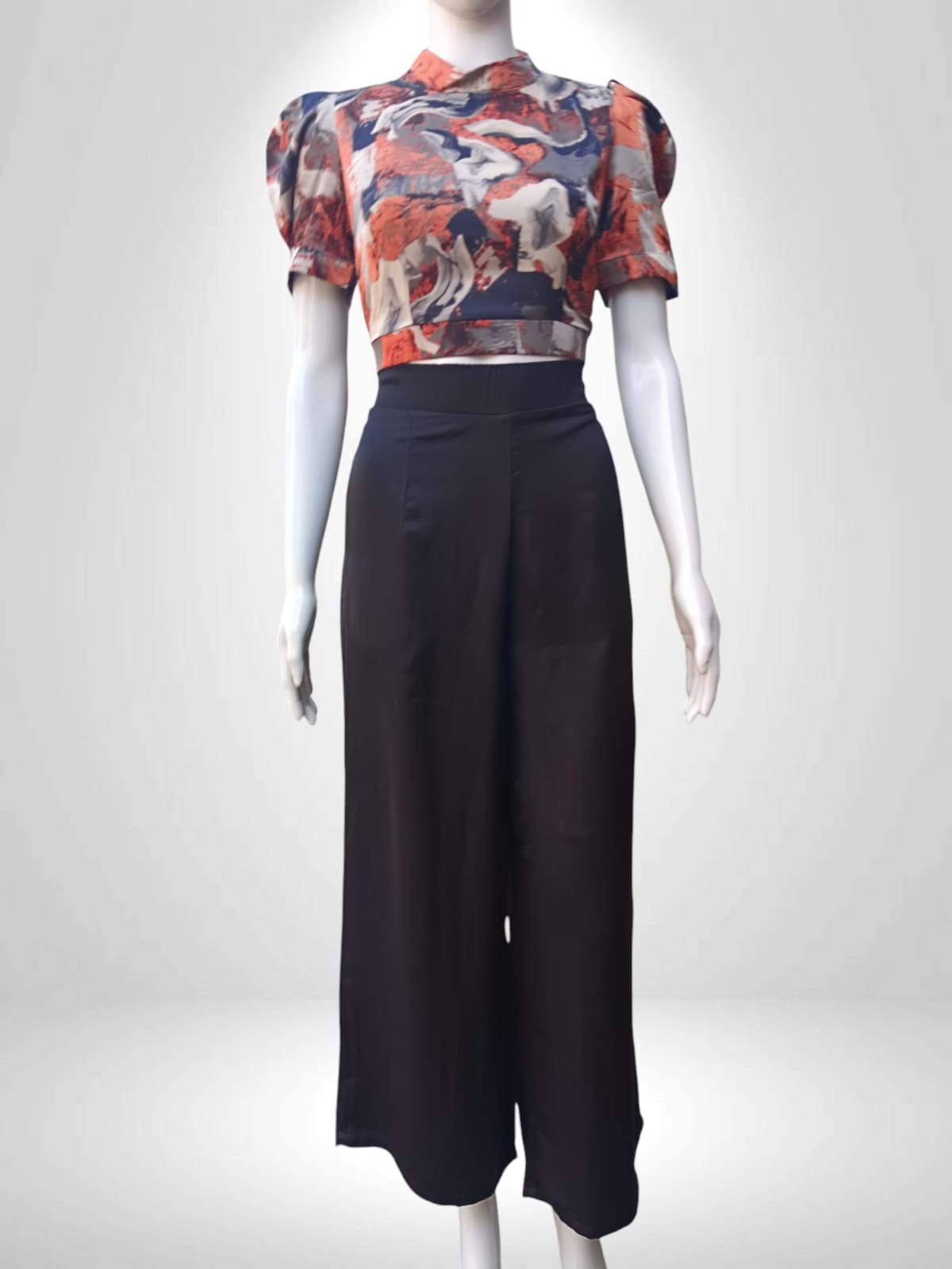 Renaissance Puff Sleeve Crop Top with Flowy Black Palazzo Pants