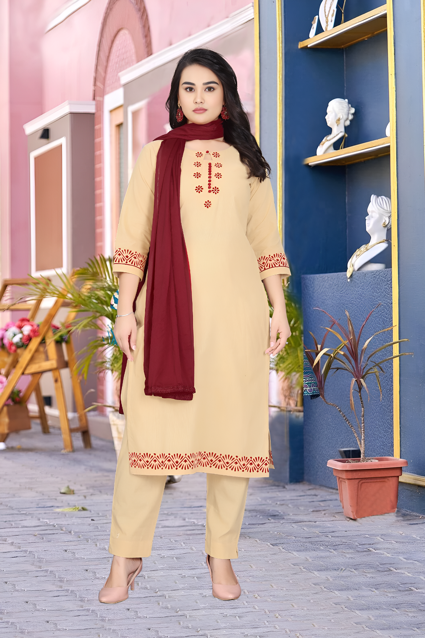 Sfron Charm – Beige Straight Kurta Set with Maroon Embroidery and Solid Dupatta