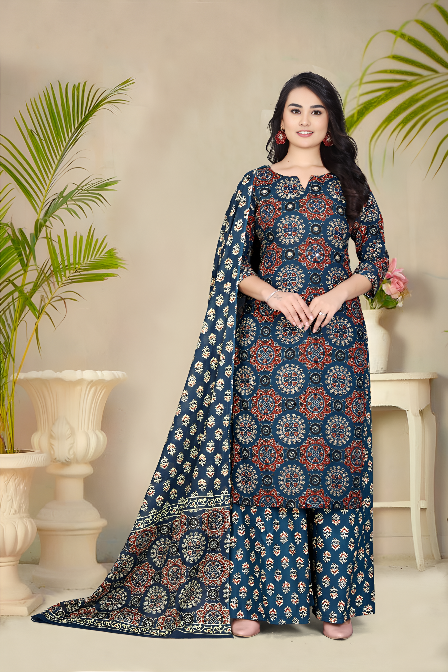 Indigo Bloom – Navy Blue Printed Kurta Set with Mughal Motifs and Coordinated Dupatta