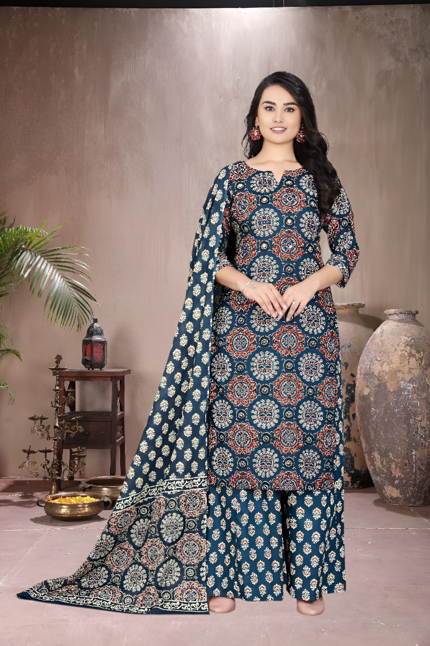 Indigo Bloom – Navy Blue Printed Kurta Set with Mughal Motifs and Coordinated Dupatta