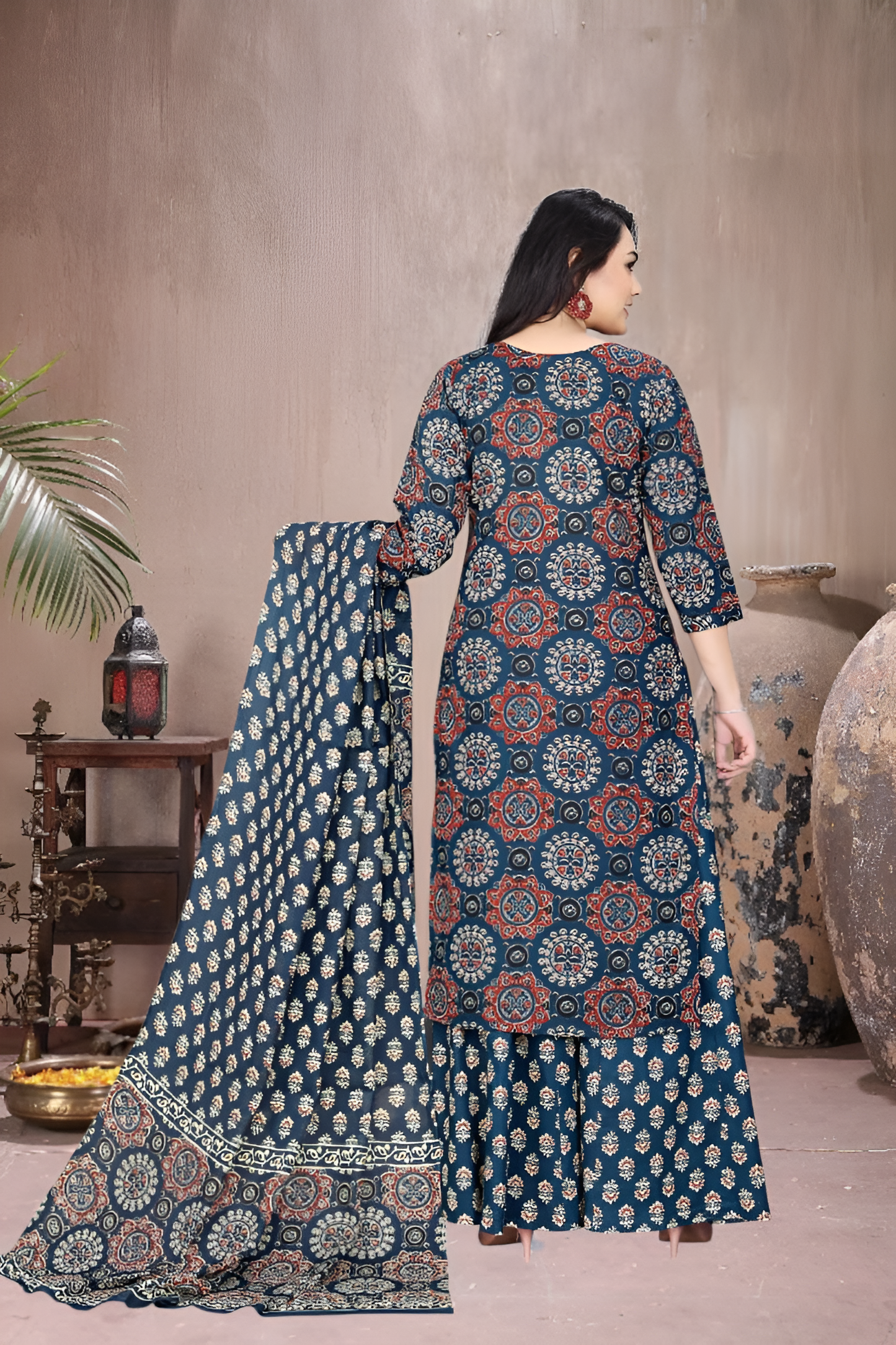 Indigo Bloom – Navy Blue Printed Kurta Set with Mughal Motifs and Coordinated Dupatta