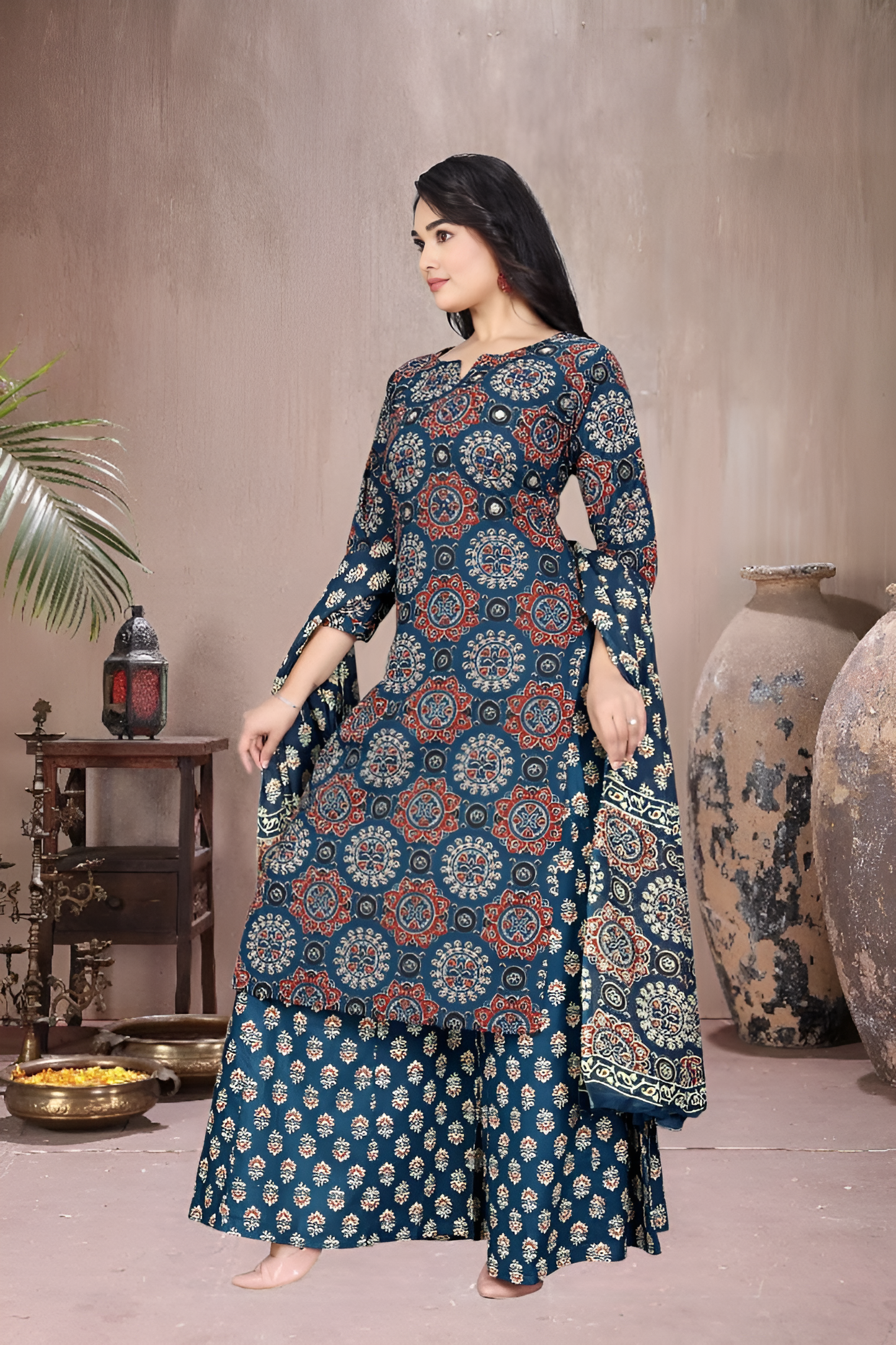 Indigo Bloom – Navy Blue Printed Kurta Set with Mughal Motifs and Coordinated Dupatta