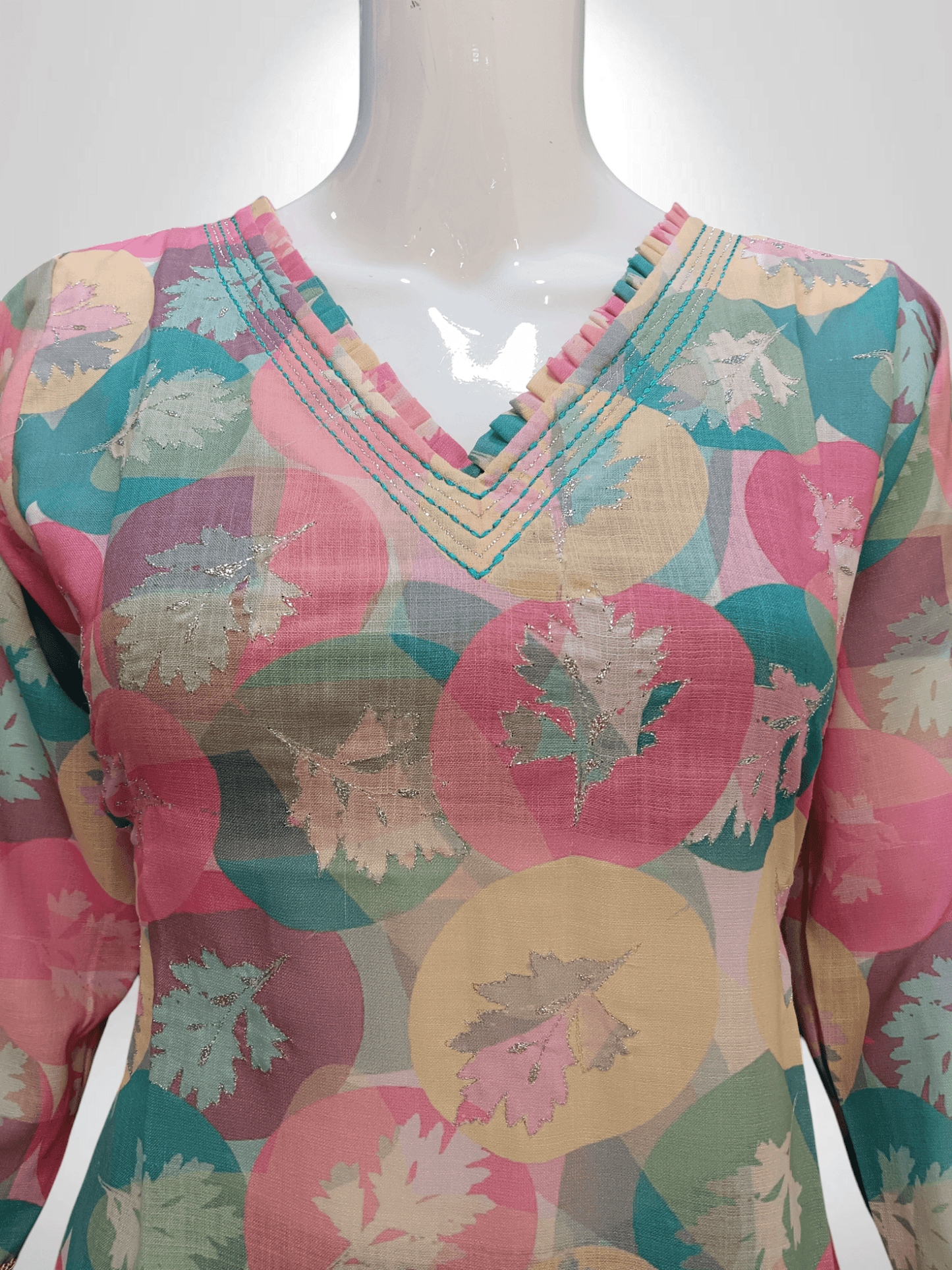 Pastel Bloom V-Neck Kurti - Banjari Fashion