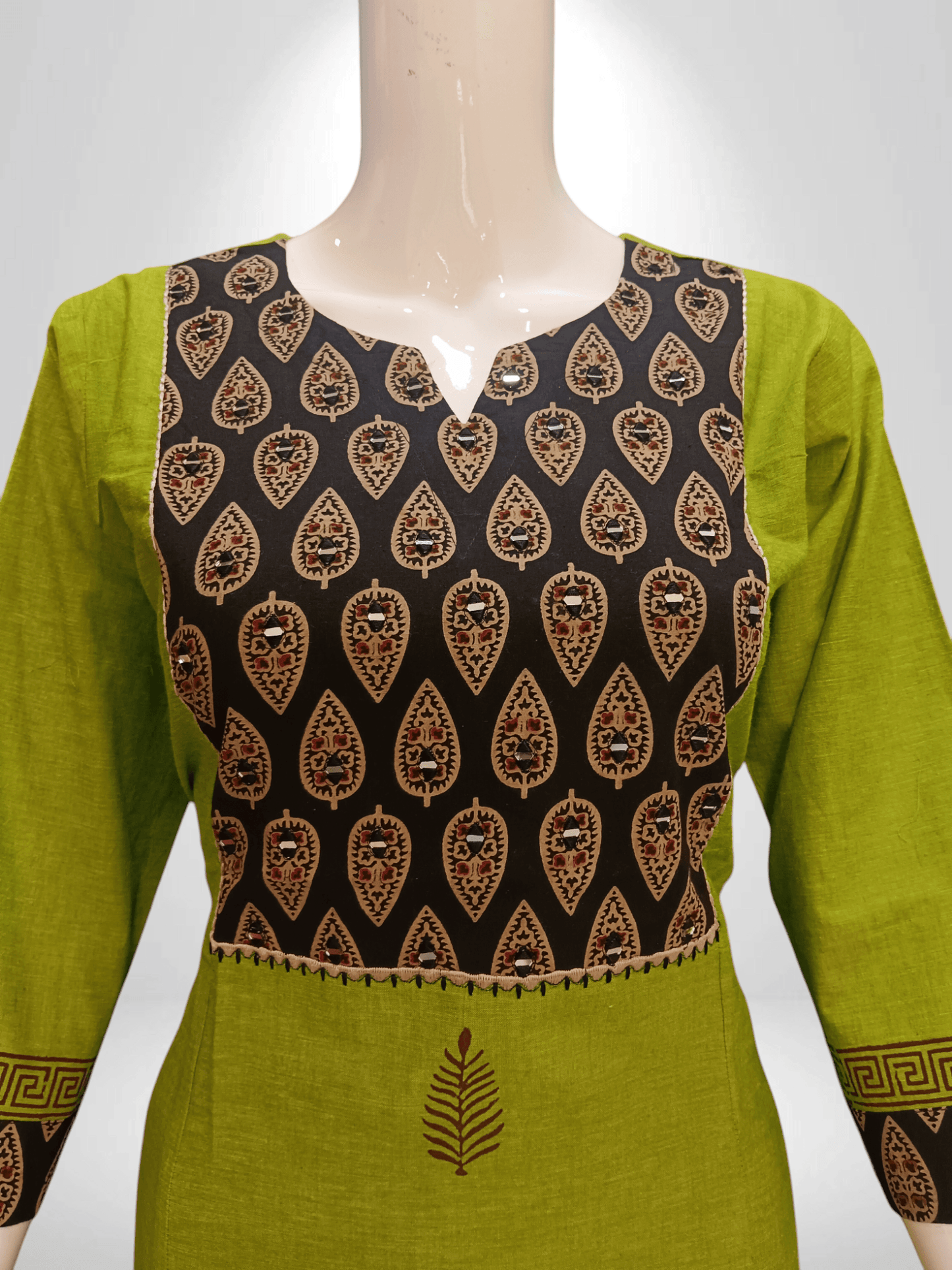Olive Green Kurti with Black Ajrakh Yoke & Sleeve Border - Banjari Fashion