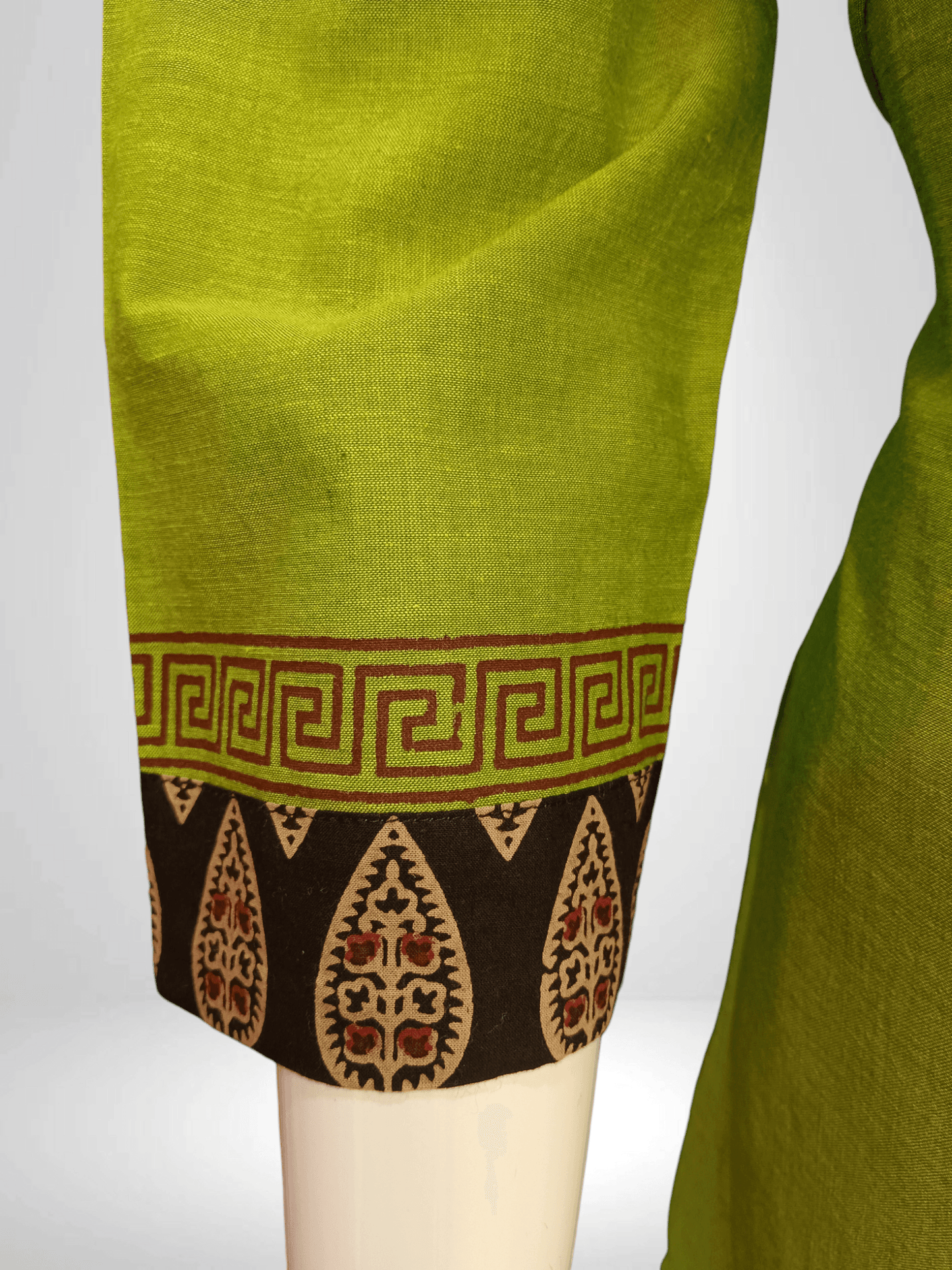 Olive Green Kurti with Black Ajrakh Yoke & Sleeve Border - Banjari Fashion