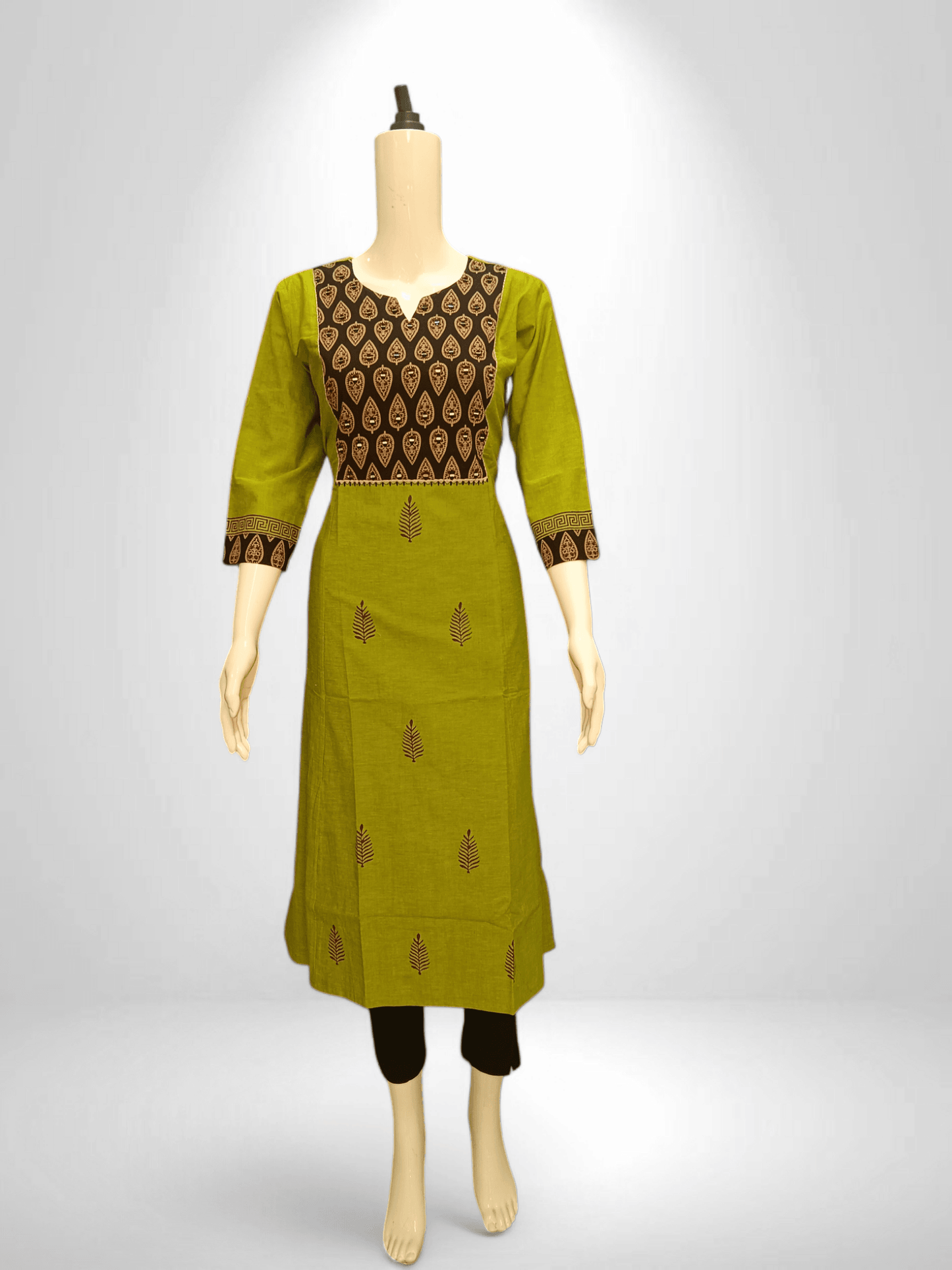 Olive Green Kurti with Black Ajrakh Yoke & Sleeve Border - Banjari Fashion