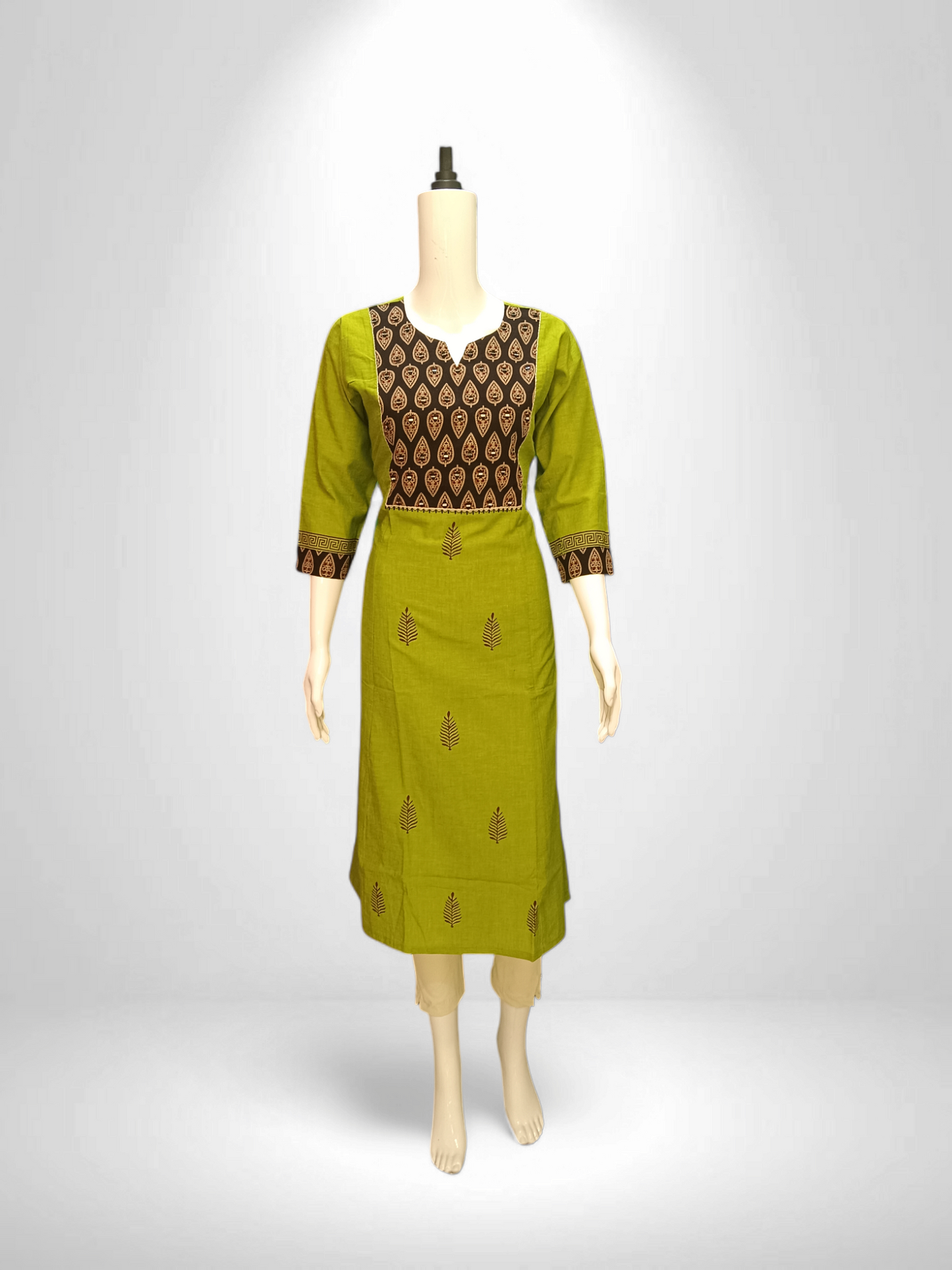 Olive Green Kurti with Black Ajrakh Yoke & Sleeve Border