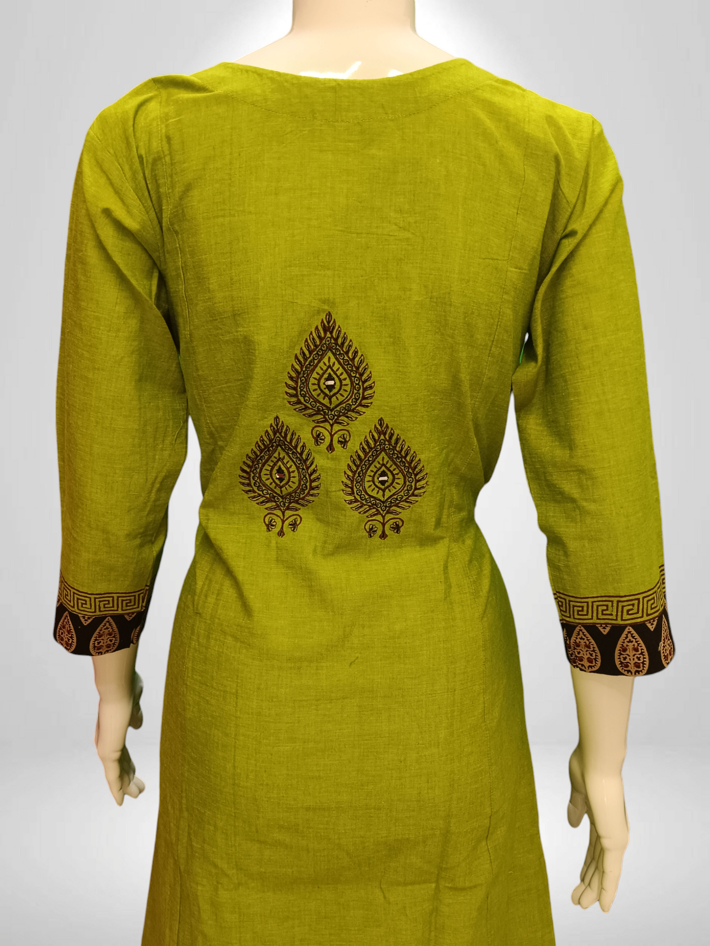 Olive Green Kurti with Black Ajrakh Yoke & Sleeve Border