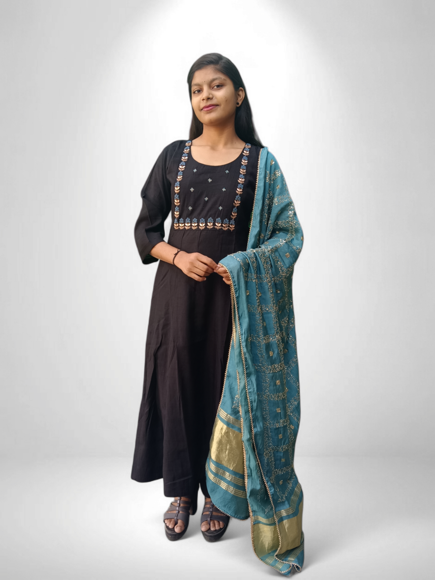 Stylish Kurti pant set with designer dupatta showcases elegant embroidery, perfect for festive occasions.