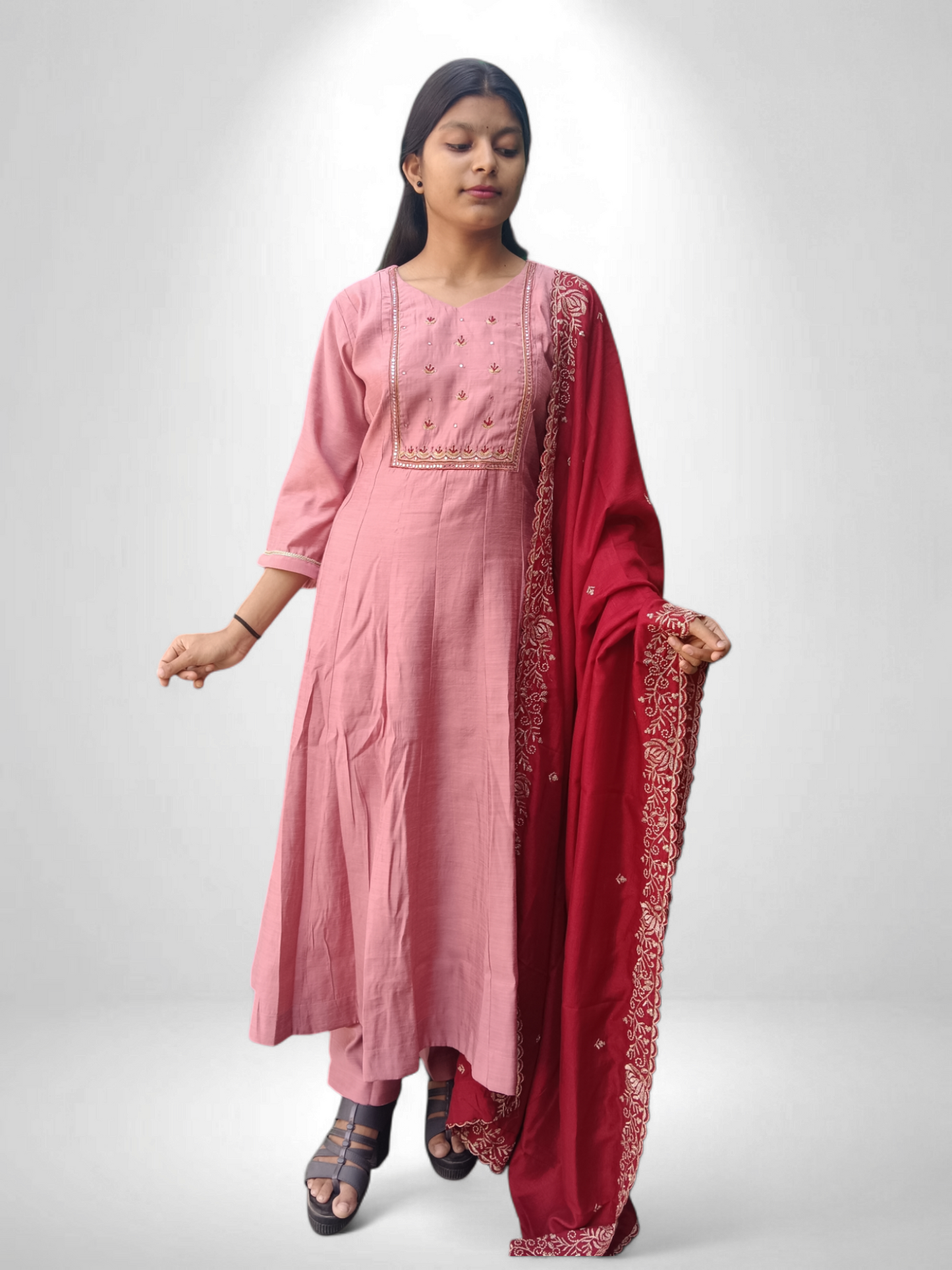 Pink pair with kurti pant and red designer dupatta