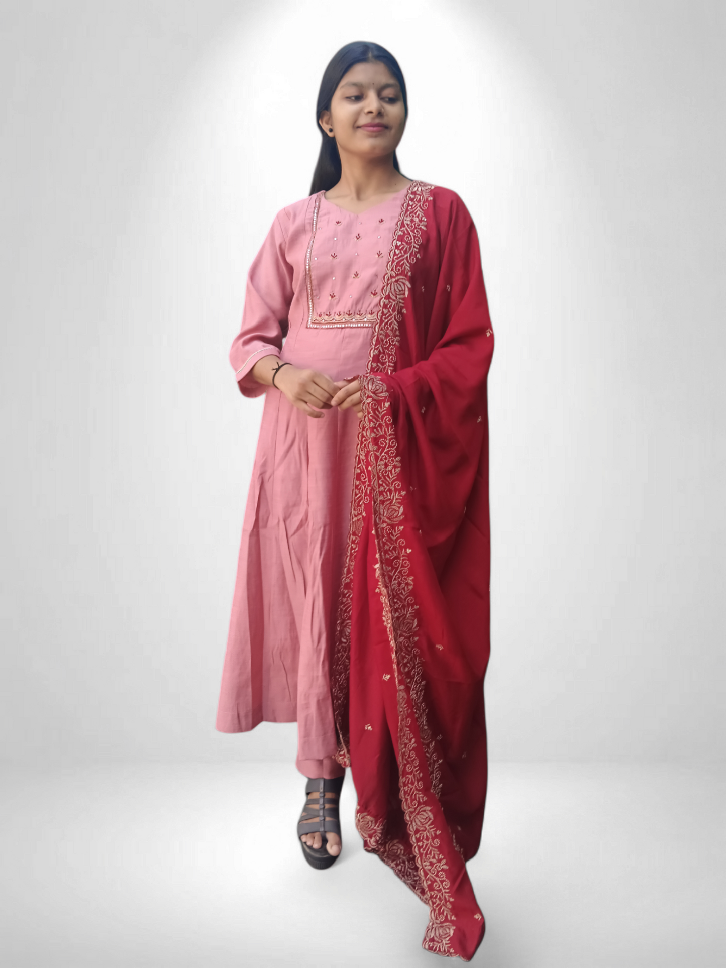 Pink pair with kurti pant and red designer dupatta