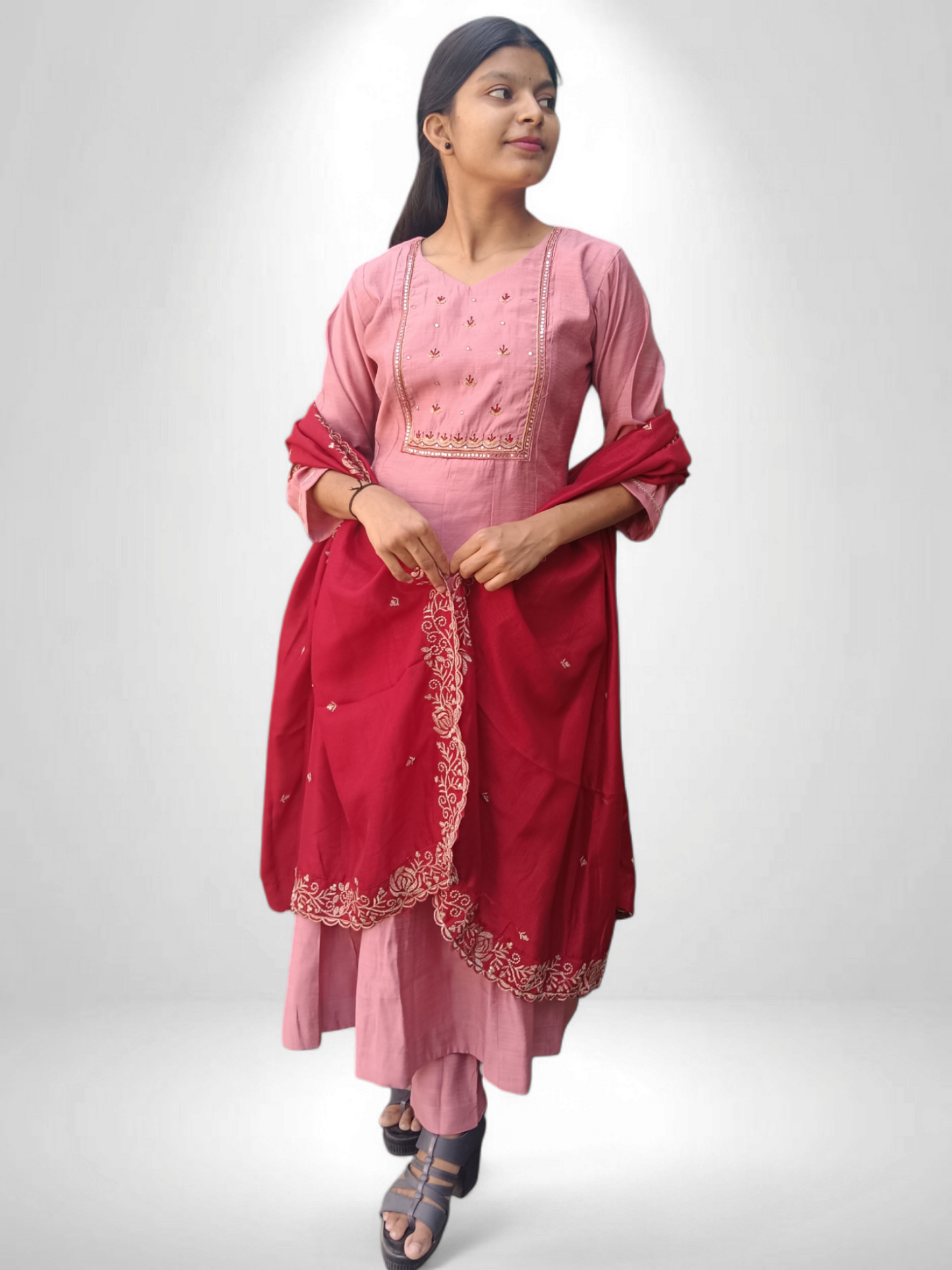 Pink pair with kurti pant and red designer dupatta