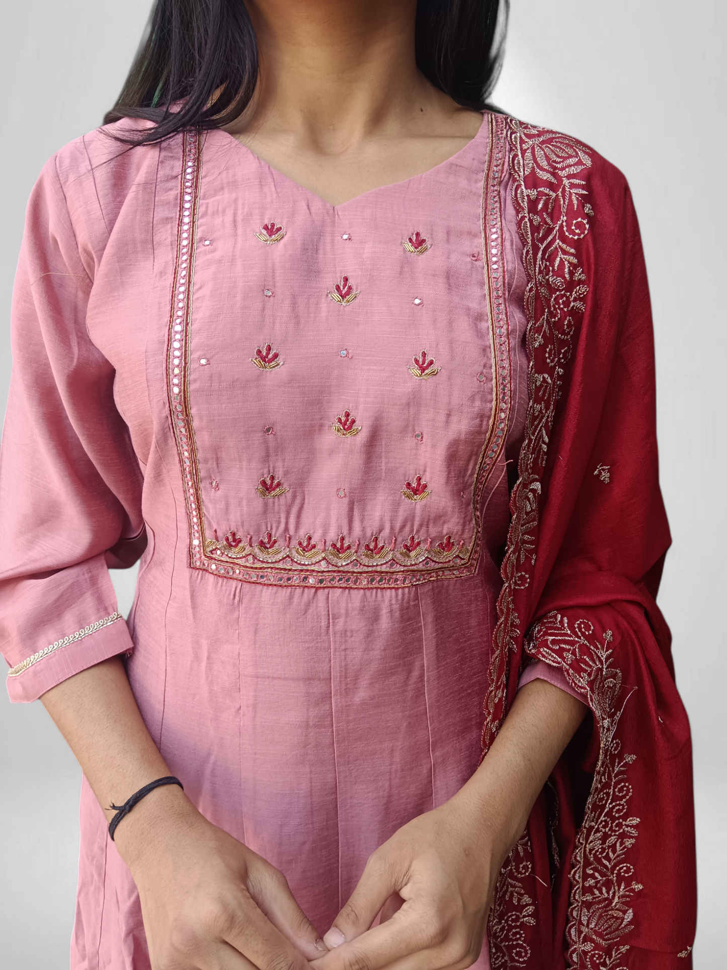 Pink pair with kurti pant and red designer dupatta