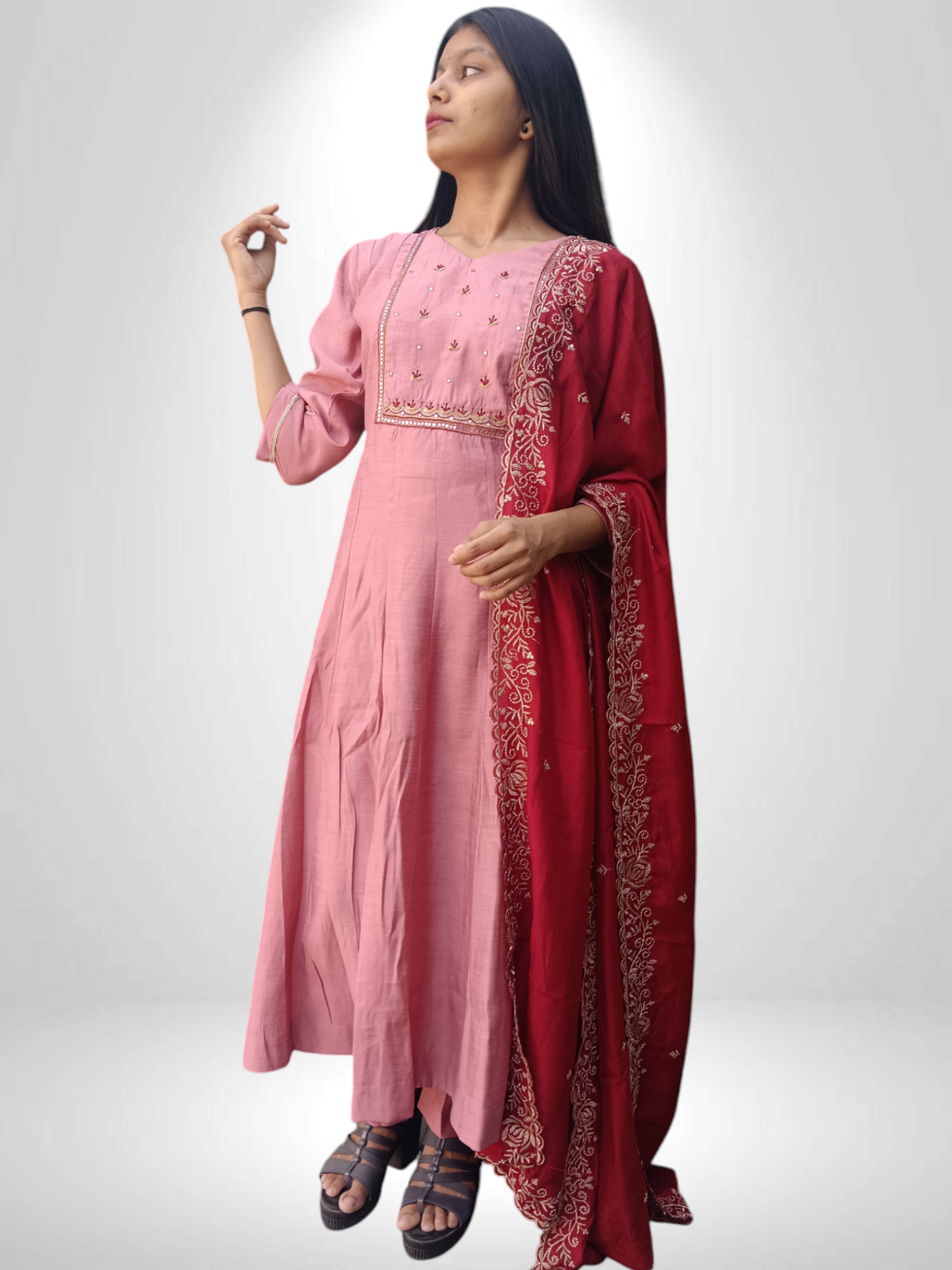 Pink pair with kurti pant and red designer dupatta