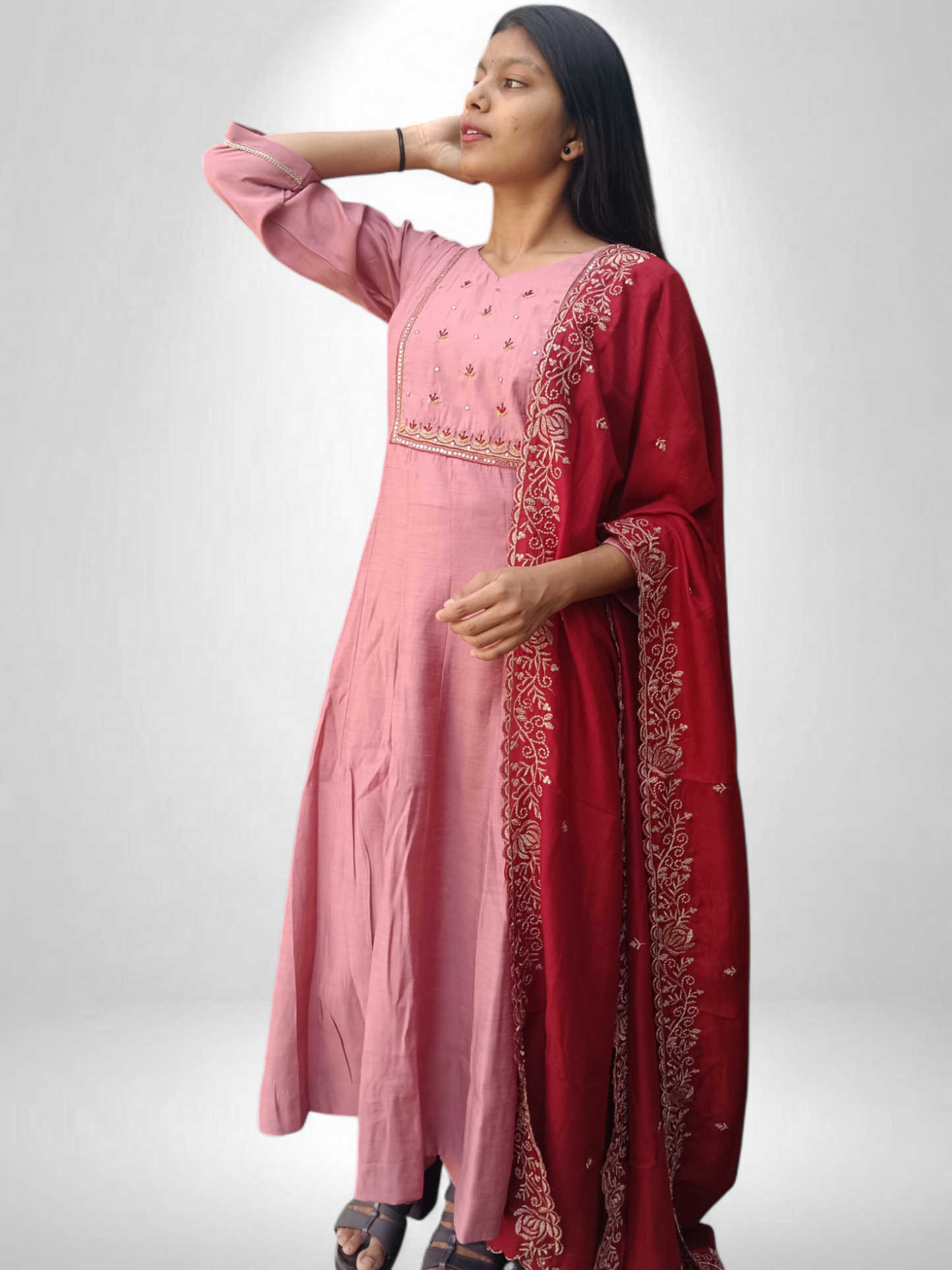 Pink pair with kurti pant and red designer dupatta