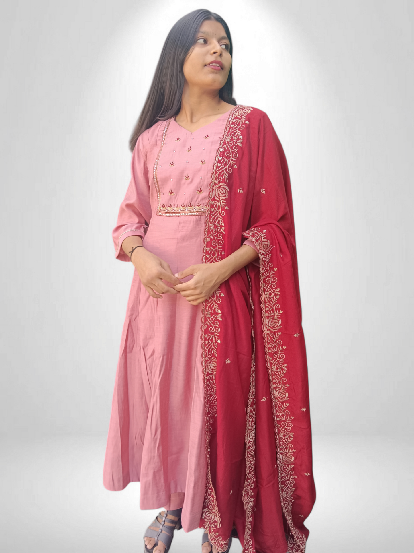 Pink pair with kurti pant and red designer dupatta
