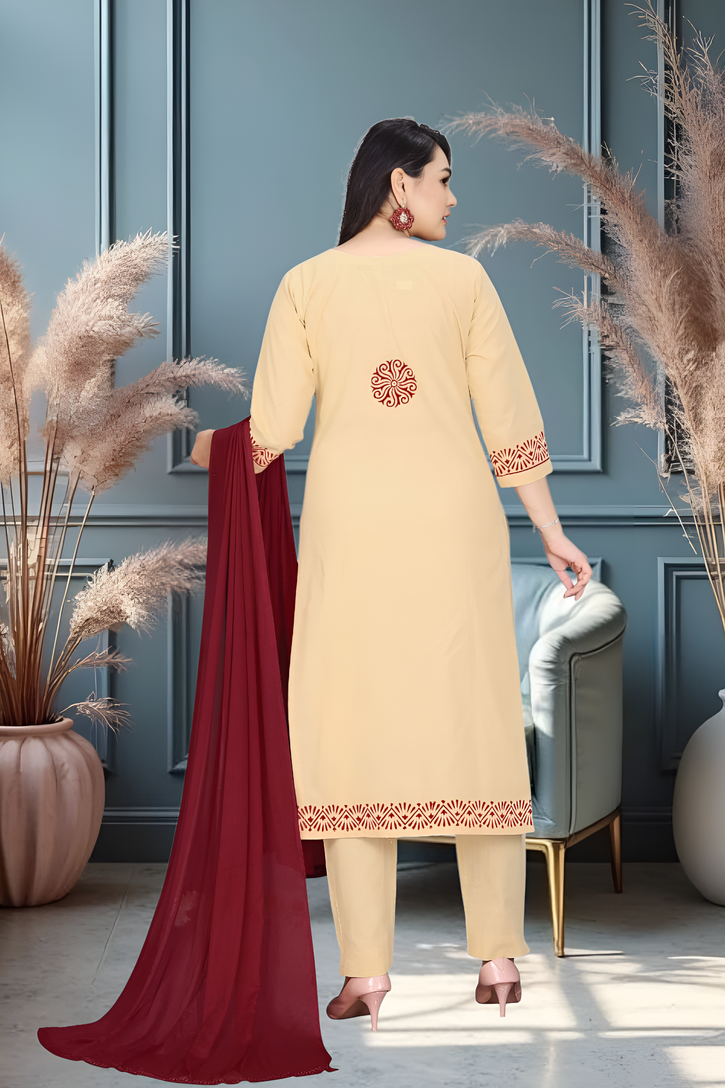 Sfron Charm – Beige Straight Kurta Set with Maroon Embroidery and Solid Dupatta