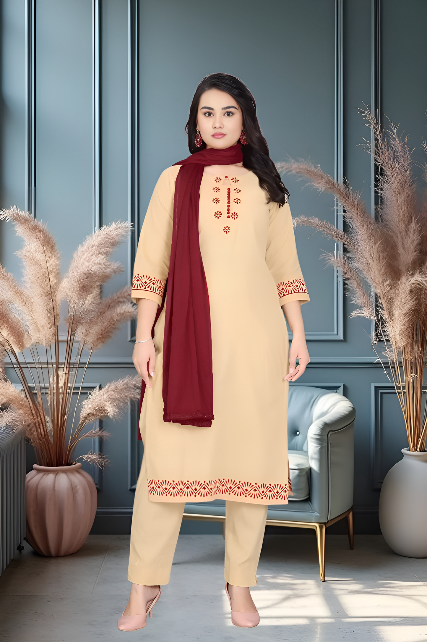 Sfron Charm – Beige Straight Kurta Set with Maroon Embroidery and Solid Dupatta