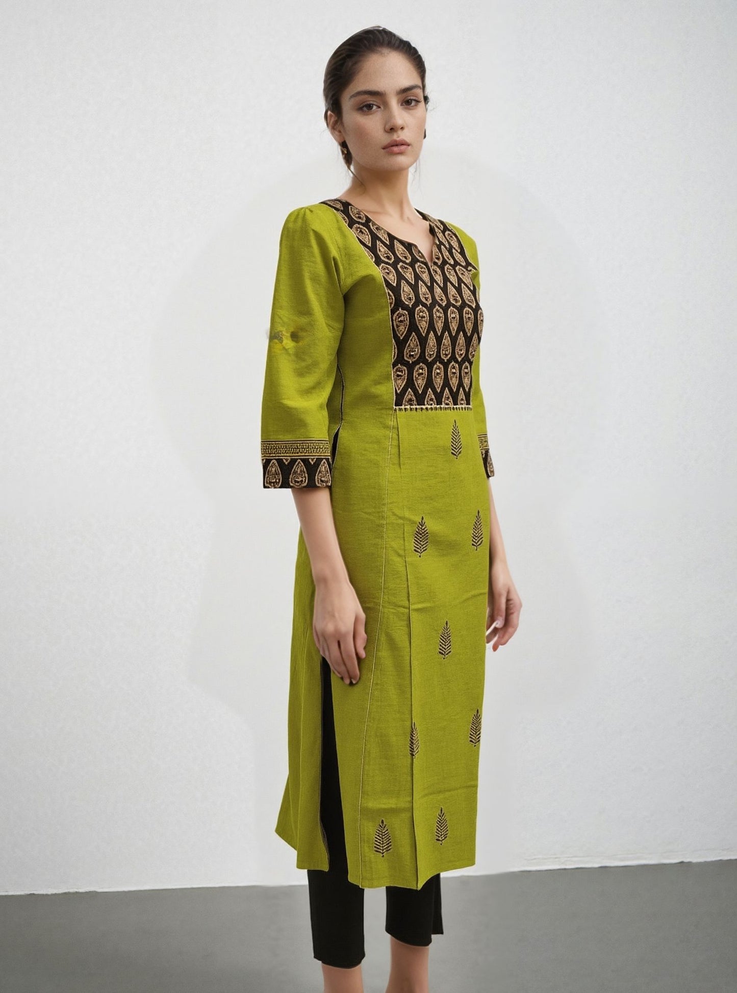 Olive Green Kurti with Black Ajrakh Yoke & Sleeve Border