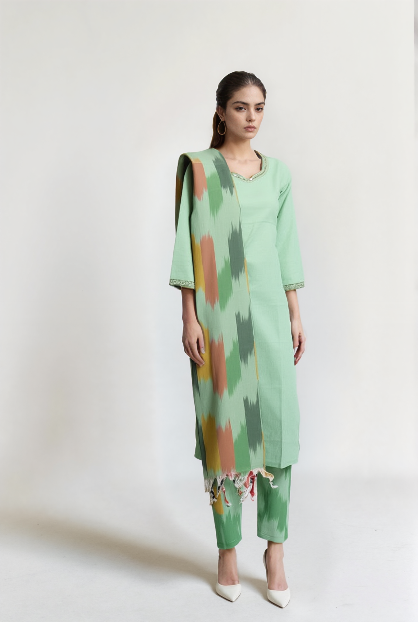Elegant Handwoven Ikat Cotton Kurti Set with Delicate Embroidery