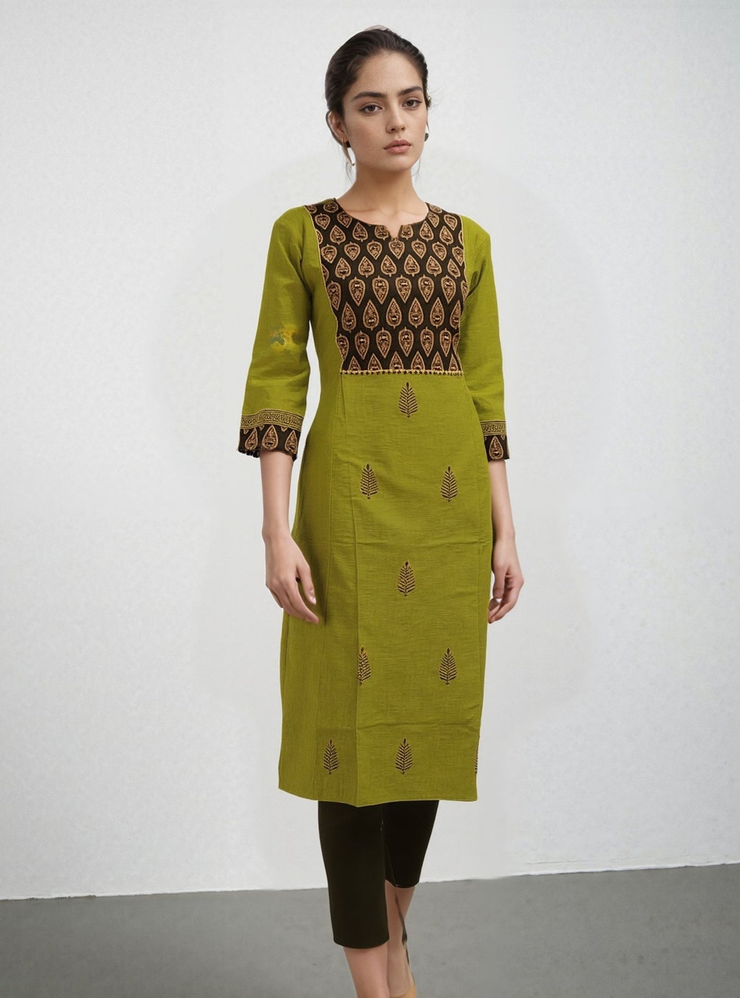 Olive Green Kurti with Black Ajrakh Yoke & Sleeve Border