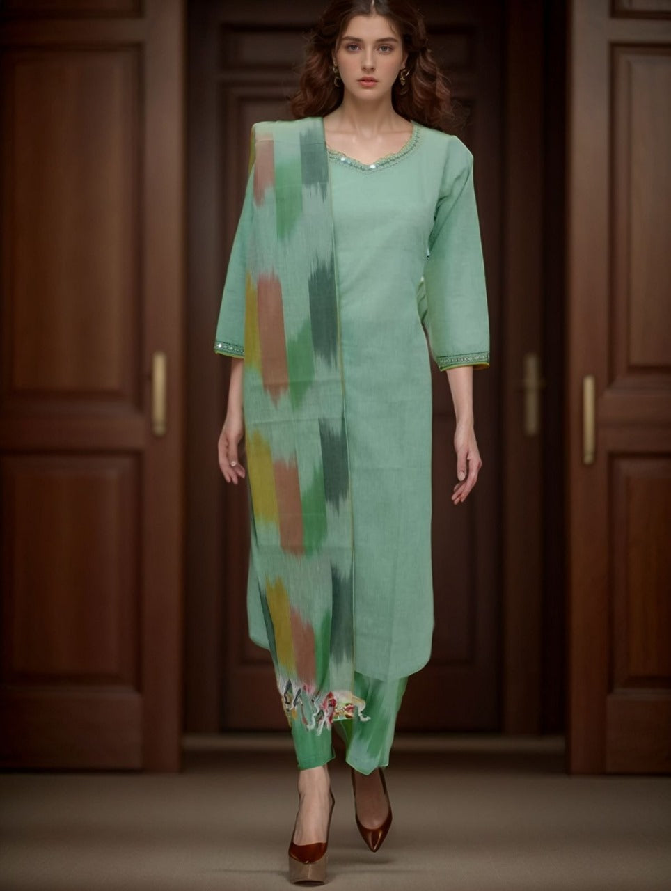 Elegant Handwoven Ikat Cotton Kurti Set with Delicate Embroidery