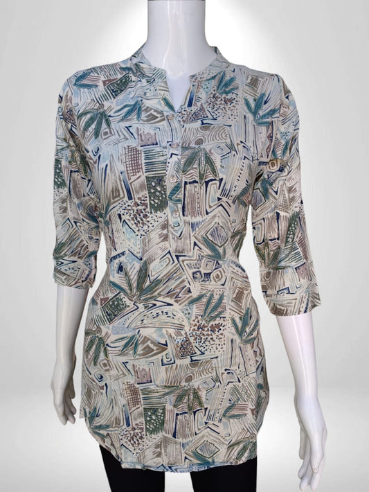 Earthy Abstract Cotton Kurti with Pastel Geometric & Foliage Print