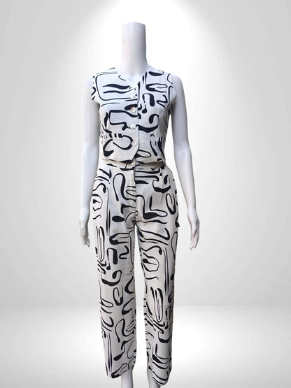 Sleeveless Button-Up Crop Top & bottom with Abstract Black visual