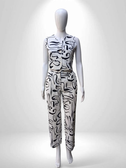Sleeveless Button-Up Crop Top & bottom with Abstract Black visual