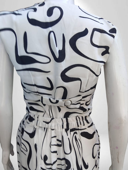 Sleeveless Button-Up Crop Top & bottom with Abstract Black visual