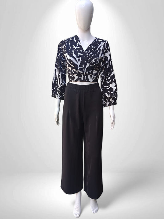 Black Wide-Leg Pant and Patterned Top