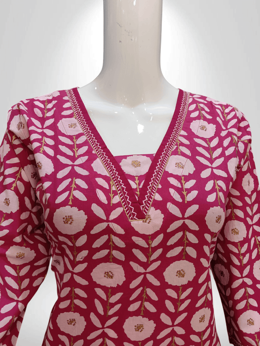 Pink with white flower printed V-Cut design kurti - Banjari Fashion