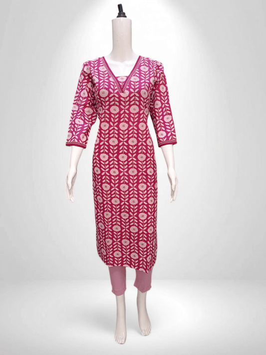 Pink with white flower printed V-Cut design kurti - Banjari Fashion