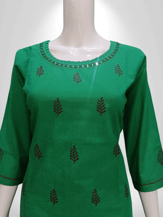 Nature-Inspired Green Cotton Kurti with Mirror Neckline and Tree Embellishments - Banjari Fashion