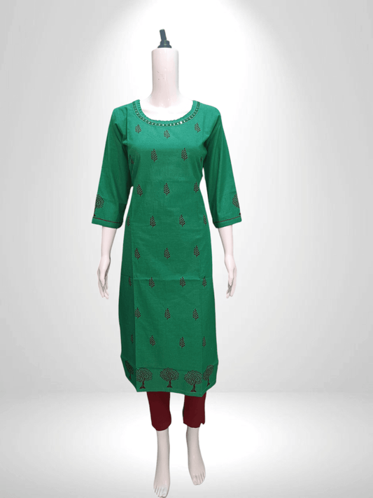 Nature-Inspired Green Cotton Kurti with Mirror Neckline and Tree Embellishments - Banjari Fashion
