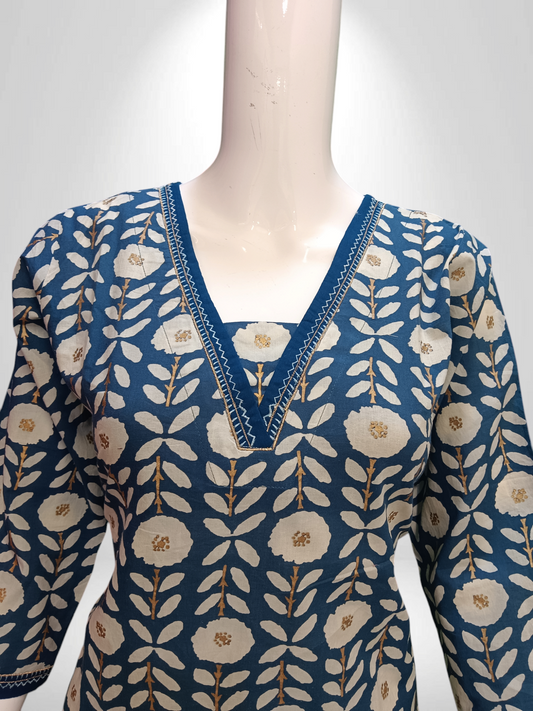 Blue with white flower printed V-Cut design kurti