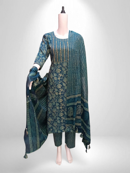 Indigo Elegance Handblock Cotton Suit Set