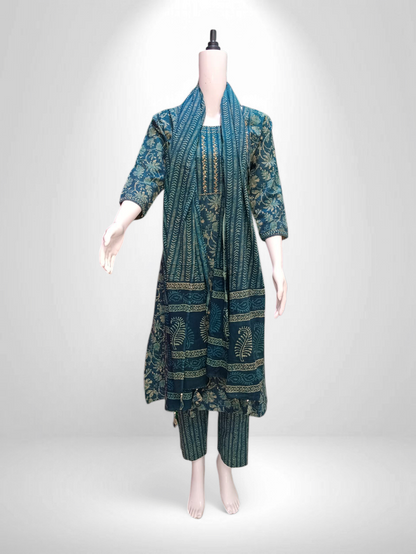 Indigo Elegance Handblock Cotton Suit Set