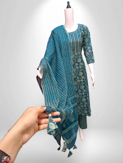Indigo Elegance Handblock Cotton Suit Set