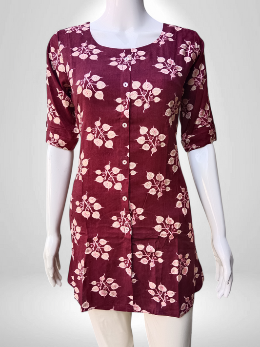 Wine Leaf Aura Kurti with Classic Round Neck