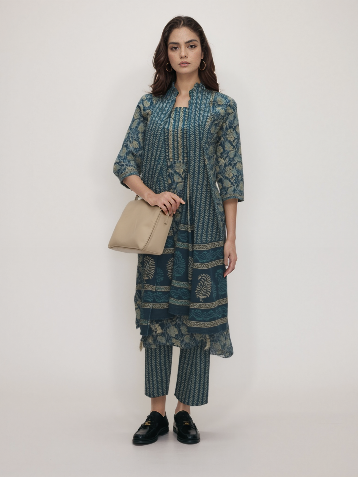 Indigo Elegance Handblock Cotton Suit Set