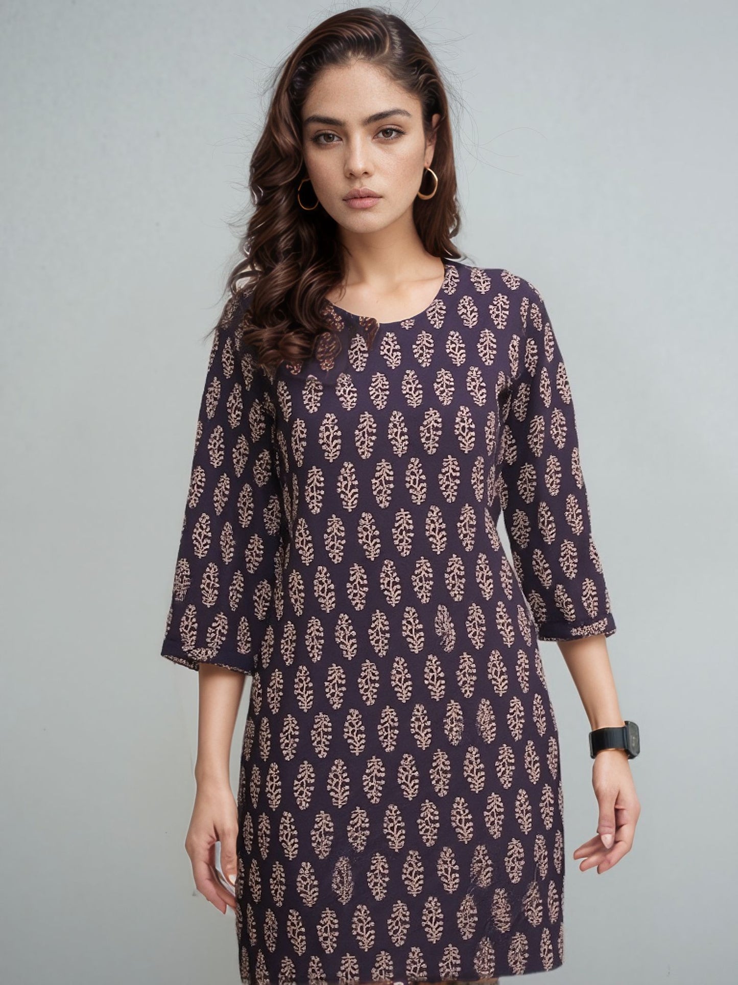 Olive cotton kurti with leaf like prints