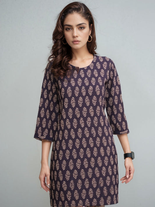 Olive cotton kurti with leaf like prints