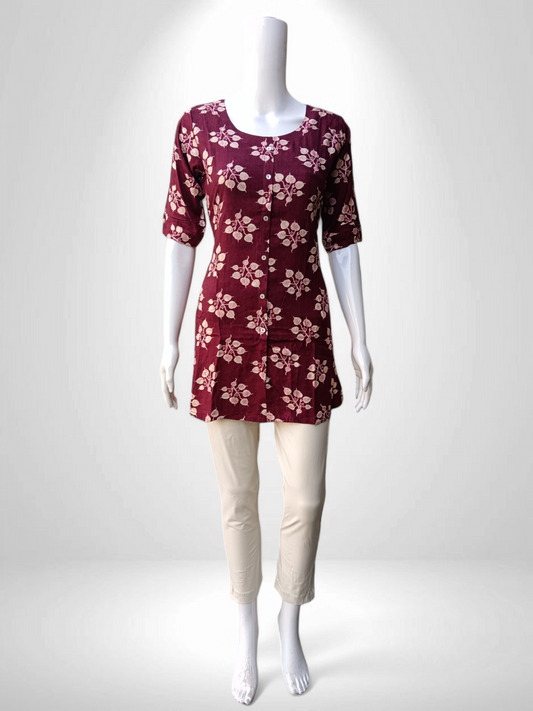 Wine Leaf Aura Kurti with Classic Round Neck