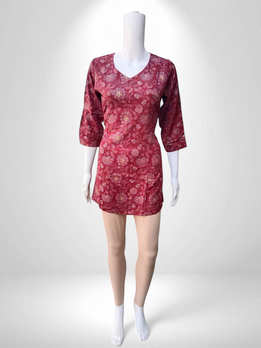 Maroon traditional design short kurti